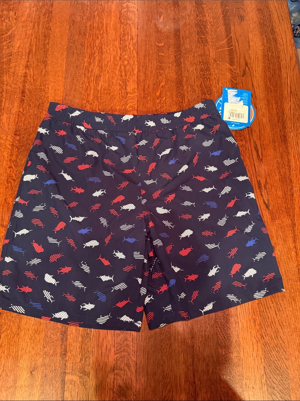NWT Columbia Navy Boys' Fish-Print Swim Trunks with Red, White & Blue Accents